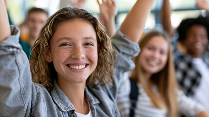Fototapeta premium Close-up of diverse smiling students raising hands in a bright classroom during a lesson, enthusiastic classroom concept, diverse raised hand photography, learning and