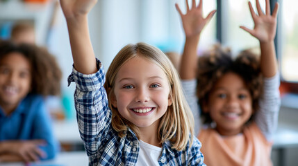 Fototapeta premium Close-up of diverse smiling students raising hands in a bright classroom during a lesson, enthusiastic classroom concept, diverse raised hand photography, learning and