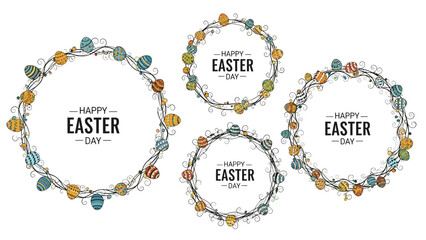 Fototapeta premium Festive Easter wreaths crafted from delicate brown branches and adorned with various colorful patterned eggs are shown on a white backdrop.