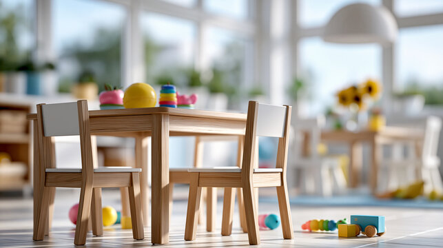 Close-up of a bright empty classroom with small wooden tables, chairs and toys scattered on the floor, classroom setup concept, empty room photography, kindergarten interior