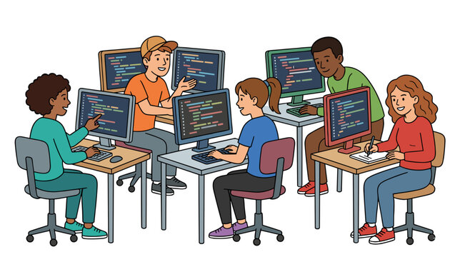 Smart multiethnic youth coding and learning software development on computers in classroom concept of technology education club