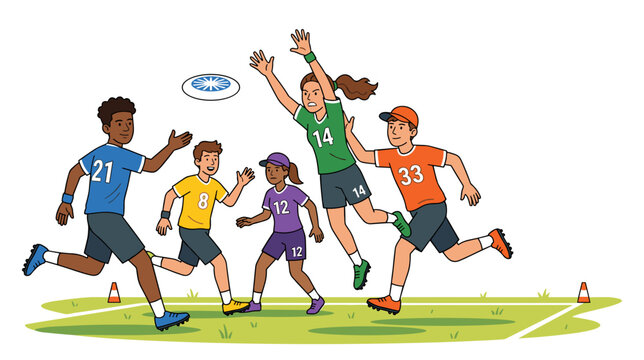 Dynamic group of active teenagers playing ultimate frisbee on a green sports field concept of team competitive outdoor sport