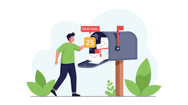 Man checks his suburban mailbox that is overflowing with letters and receives a digital new mail notification alert.