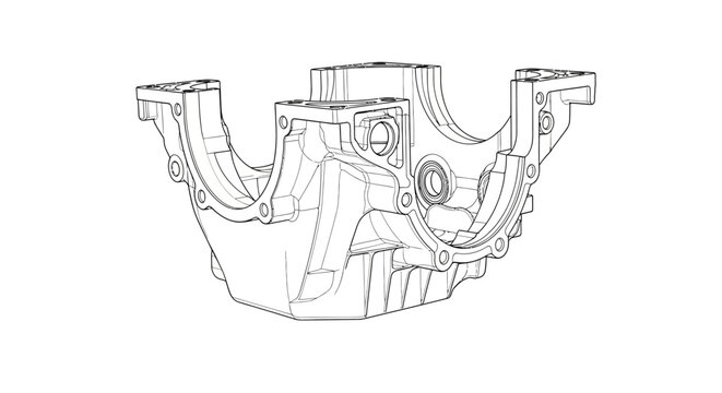 A black and white line art sketch depicts a crankcase engine housing outline on a white background.