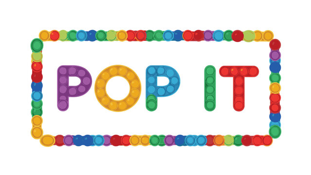 Colorful pop it sensory fidget toy shaped as the text POP IT inside a dotted rectangular frame for stress relief.