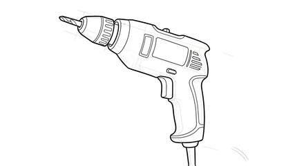 A black and white line art sketch depicts a handheld drill on a white background. © Mz