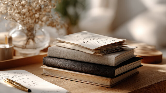 Stack of old notebooks, journals, and a handwritten page, receiving warm sunlight on a wooden table, inspiring analog thoughts, memories, and personal reflection activities