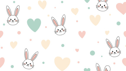 Obraz premium Sweet seamless pattern with white rabbit faces hearts and dots in pastel colors on a clean white background.