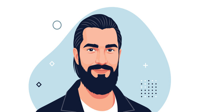 Portrait of a handsome man with a full beard and long hair tied back against a soft blue abstract background.