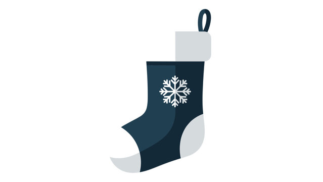 Dark blue and white christmas stocking with a snowflake pattern and a loop for hanging on a white background.