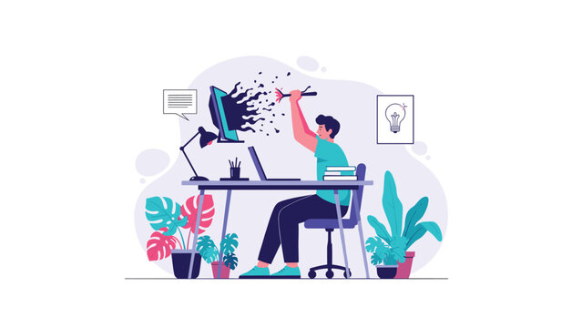 Frustrated office worker reacts with anger as dark smoke billows out of his computer monitor at a desk.