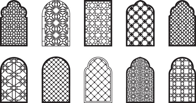 Set of ornate black window grill designs with various patterns