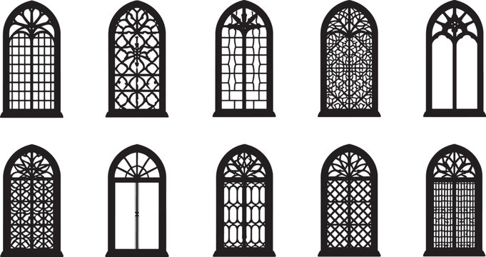 Set of ornate stained glass window grills and designs in black silhouette