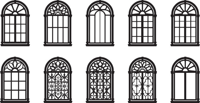 Collection of Decorative Arched Window, Grill, and gate, Designs in Black Silhouette