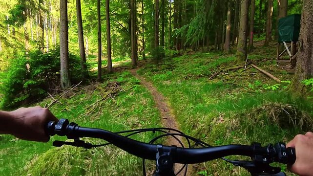 Riding a mountain bike on a dirt trail in a dense forest uphill - e-bike, e-mtb, crosscountry, sport, cycling, fitness, nature, Point of view of hands on handlebars