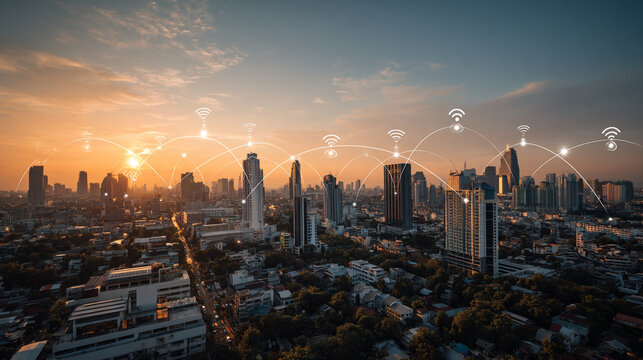 wifi Smart digital Innovation city with connection network reciprocity over the city of future smart wireless digital city and social media networking systems