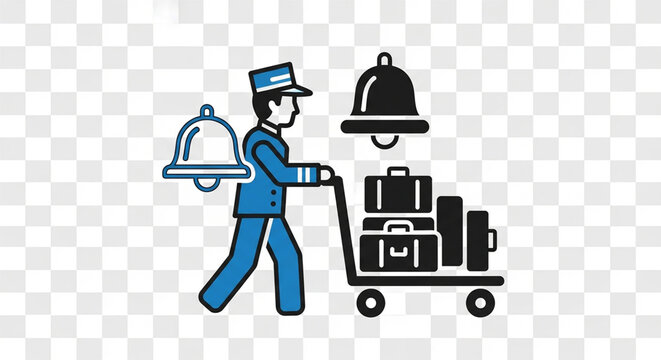 A bellhop in blue uniform carrying luggage on a trolley with a bell icon on a transparent background