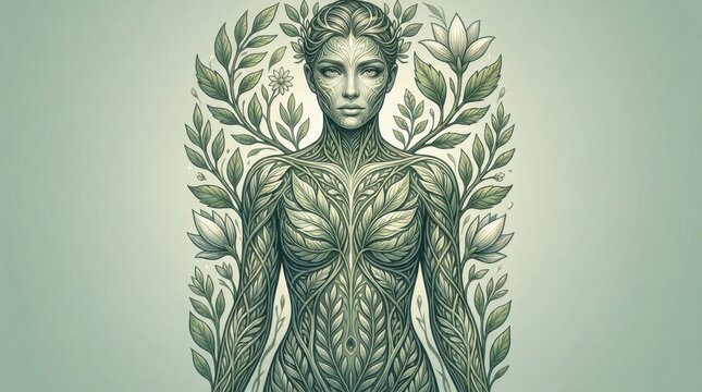 Female figure formed from leaves and botanical patterns