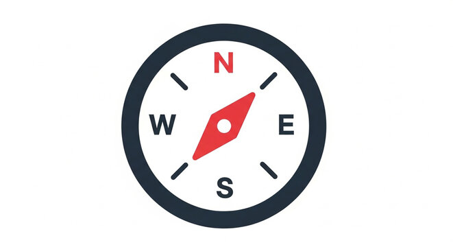 A flat design compass icon with clear directional markings on a white background