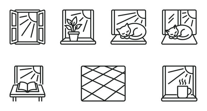 6 Window icons with objects, outline solid styles, UI and web interface design