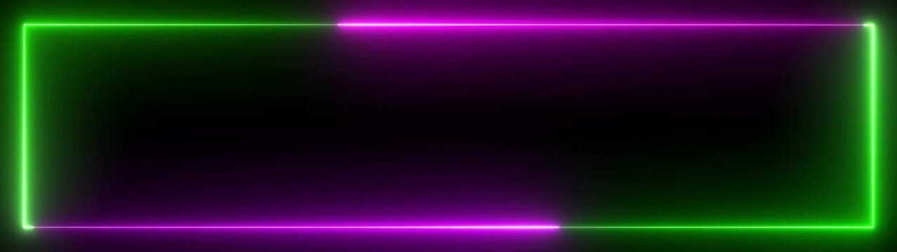 Minimal Animated Background Loop for YouTube and Presentations, Ultra Wide 32:9 Rectangle Picture Frame with Purple and Green Neon Color, Isolated Black Background, Dual Monitor 4K Video Overlay