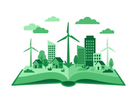 Green city story inside an open book concept