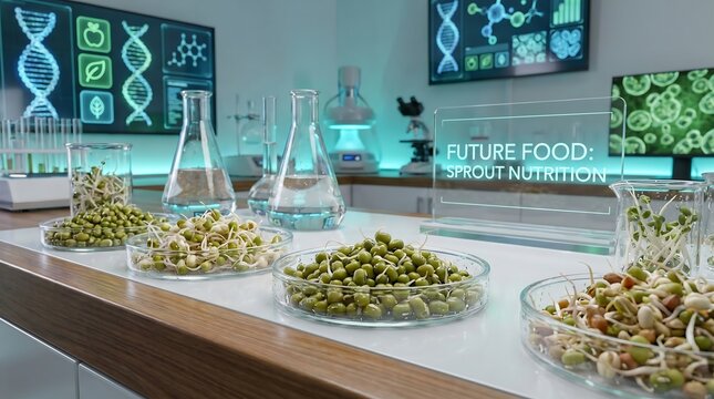 Green bean sprouts in petri dishes on laboratory table with holographic future food signage and dna diagnostic screen displays