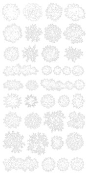Large Top View Tree Symbol Reference Sheet &ndash; Detailed CAD Line Art Grid with Editable Stroke White Fill and Round, Starburst and Petal Canopy Varieties