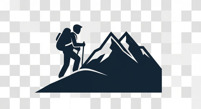 A hiker with a backpack and walking stick climbs a stylized mountain in a minimalist vector illustration.