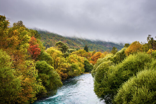 Beautiful turquoise Una River in Bosnia and Herzegovina in autumn