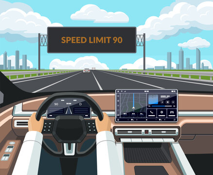 Modern car interior from driver's perspective. POV of driving on highway with digital speed limit sign 90. Concept of road safety, speed regulation, navigation technology, UI. Flat vector illustration