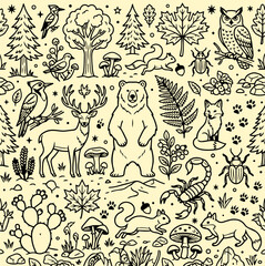 Naklejka premium Forest animals and woodland wildlife line art doodle seamless pattern on beige background vector illustration