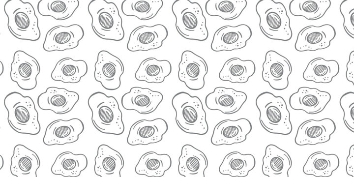 Hand-drawn fried eggs seamless pattern illustration for breakfast menus and food-related designs, a repetitive doodle art background