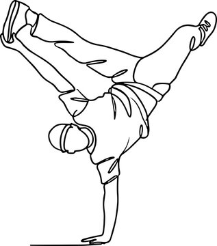 Breakdancer performing handstand move, dynamic line art illustration