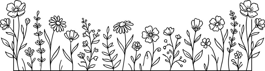 Fototapeta premium Minimalist line art floral border, hand-drawn wildflowers and plants outline