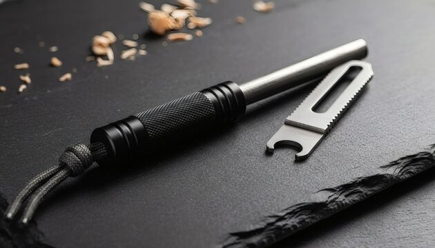 Modern tactical EDC ferro rod fire starter with metal striker on dark slate background, representing outdoor survival gear and emergency preparedness concept
