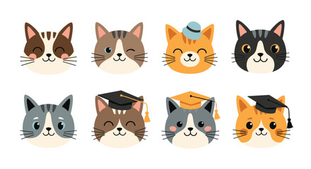 Fototapeta premium Set of eight cute cat face characters wearing various hats and graduation caps isolated on a white background for student themes.
