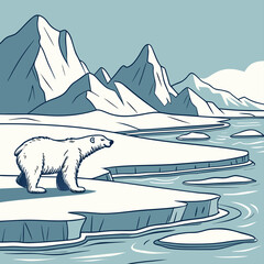 Polar bear standing on ice shelf in arctic mountain scenery with mountains wildlife landscape © riya