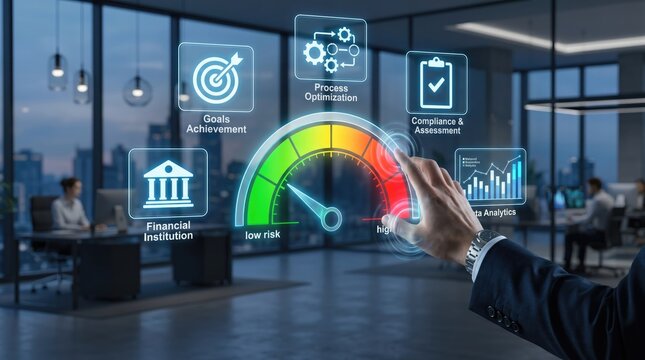 Businessman analyzing risk management dashboard with financial institution goals achievement and process optimization icons in modern office