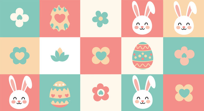 Happy bunny faces colorful Easter eggs and spring flowers seamless pattern on a checkered background for Easter holiday celebration.