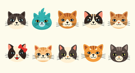 Fototapeta premium Collection of ten diverse cute cat faces with different colors and patterns isolated on a beige background for pet related projects.