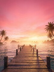 Obraz premium wooden pier extending into calm sea water at pink sunset. tropical island with palm trees under colorful sky. summer vacation travel destination. peaceful nature landscape. background with copyspace.
