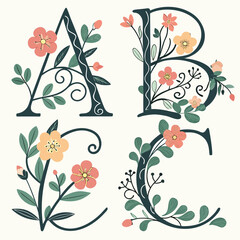 Floral monogram set with letters a b c and decorative flowers alphabet monogram typography © riya