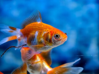 Fototapeta premium Bright orange goldfish swimming gracefully inside a clear glass aquarium with a vibrant blue background setting