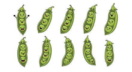 Naklejka premium Collection of cute green peas in pods with various happy and funny facial expressions, hand-drawn cartoon style vector illustration on white.