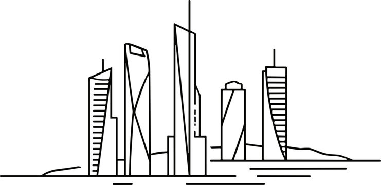 Modern city skyline illustration, minimalist line art, contemporary architecture, urban landscape