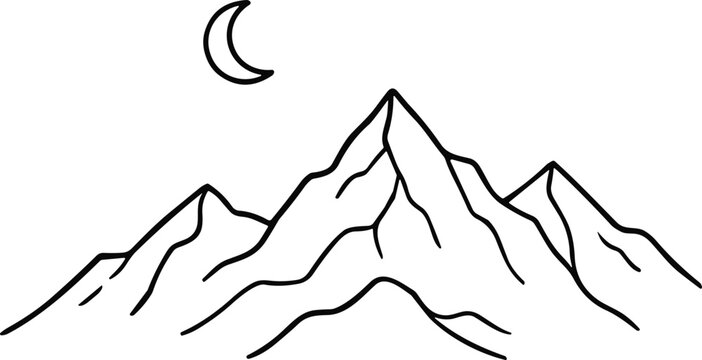 Minimalist mountain range silhouette with crescent moon, simple line art, night sky illustration