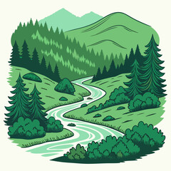 Fototapeta premium Stylized illustration of winding river through mountain valley with evergreen forest, landscape