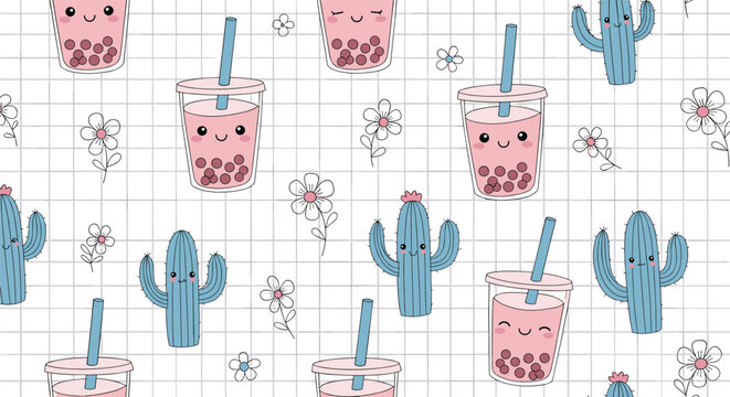 Modern seamless pattern featuring cute pink bubble tea cups, blue cacti, and delicate white flowers on a white grid background for trendy designs.