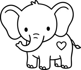 Obraz premium Cute baby elephant outline with heart, simple cartoon drawing, vector art